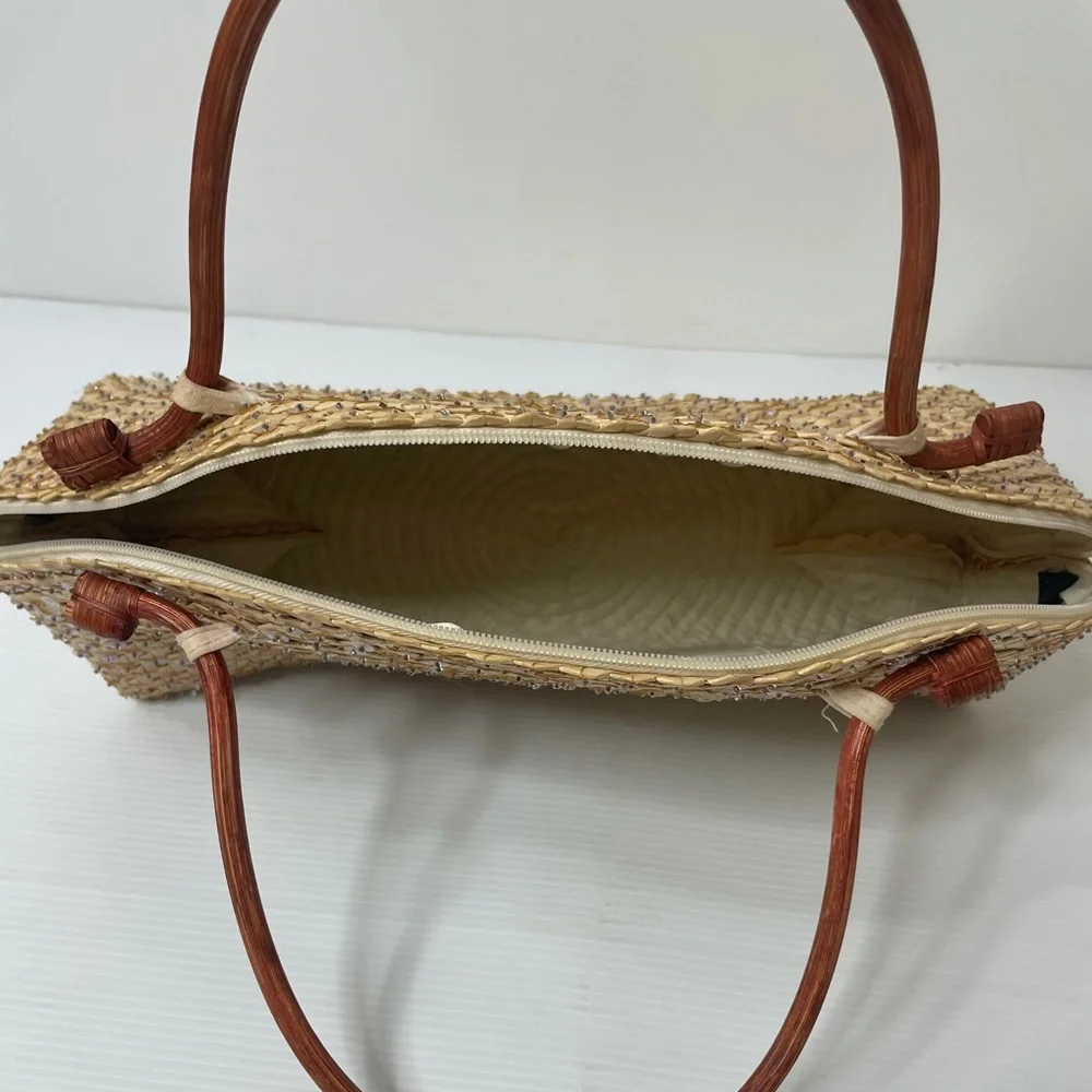 Vintage Handbag Woven Bamboo Wood Handle Sequins Handmade Bag Hand Crafted Purse